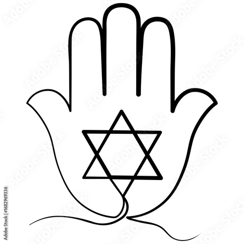Hamsa icon. Star David symbol. Jewish hand figure. Vector outline illustration.