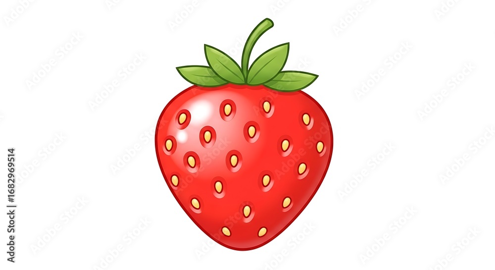 Fototapeta premium Juicy red strawberry with green leaves and seeds, perfect for food branding and healthy lifestyle promotions, a vibrant and fresh fruit illustration.
