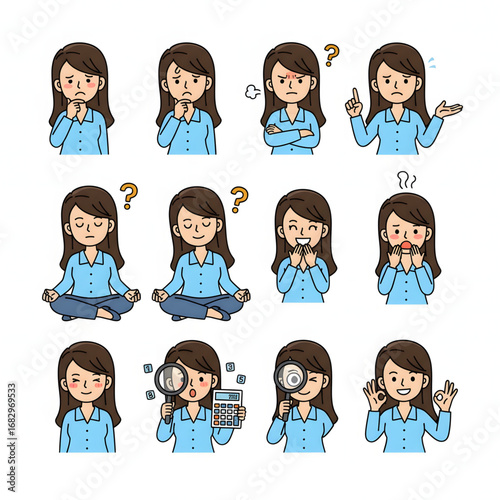A collection of twelve cartoon expressions showing a woman in blue shirt displaying various emotions and actions including thinking, confusion, meditation, and using tools.