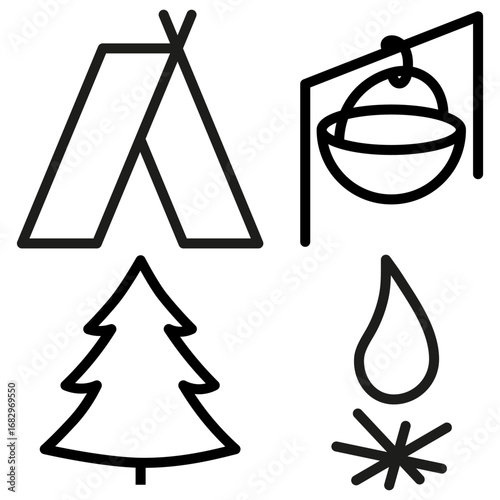 Camping icons set. Tent and bonfire sketch. Minimal outdoor outline. 