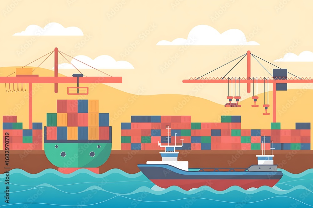 Obraz premium Cargo ships loading and unloading containers at busy port illustrating global trade and shipping