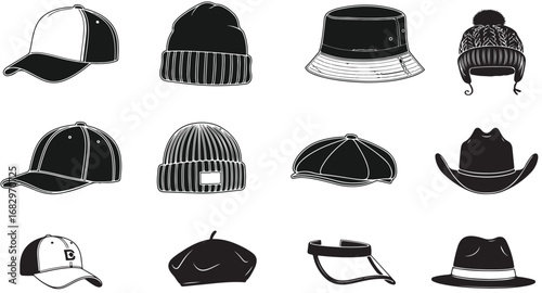 A collection of various hat styles including baseball caps beanies and fedoras in black and white outline