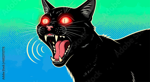 Angry black cat roaring pop art illustration