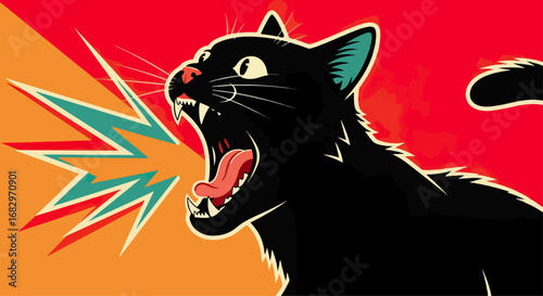 Black cat roaring retro illustration