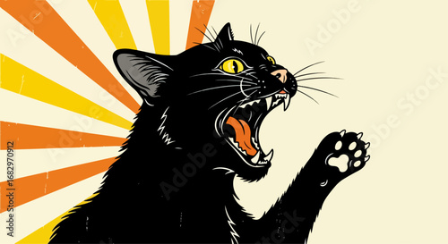 Black cat roaring vintage graphic illustration