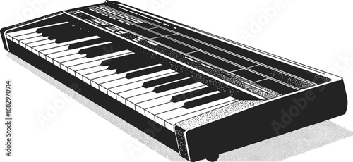 Black and white synthesizer illustration, electronic music keyboard drawing, retro piano keys artwork, vintage musical instrument sketch, studio equipment line art design