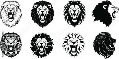 Roaring lion head illustrations, tribal and geometric designs, fierce animal art, detailed mane patterns, wildlife mascot icons, vector graphic set