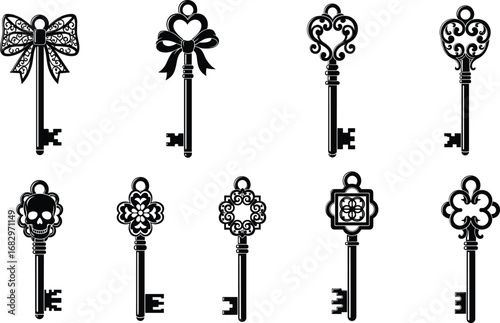Vintage ornate skeleton keys, antique decorative key set, retro metal key designs, steampunk style, collectible locksmith tools, black and white illustration