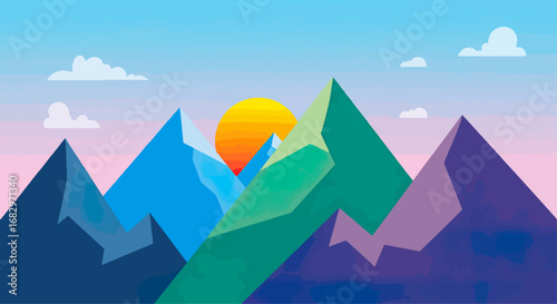 Colorful geometric mountains sunrise landscape illustration