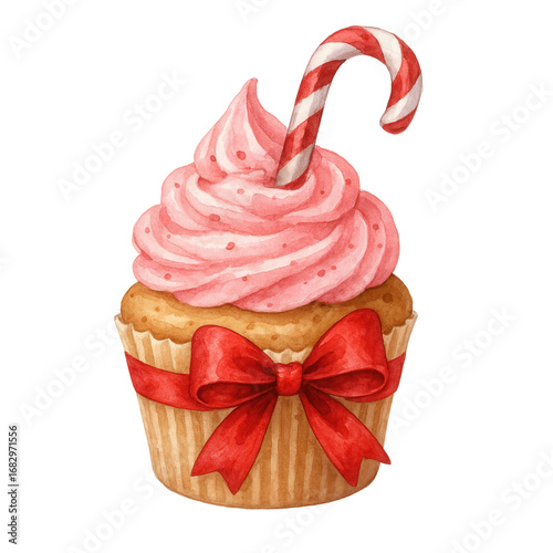 Watercolor illustration of a Christmas cupcake decorated with pink cream, red ribbon, and candy cane. Perfect for holiday cards, invitations, and festive designs.