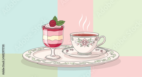 Dessert and tea on a tray illustration