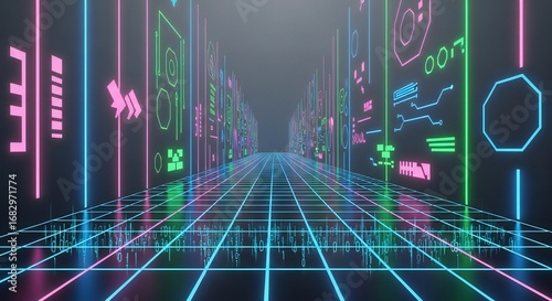 Dynamic digital pathway with vibrant neon lights and futuristic data visualization, perfect for tech and innovation concepts