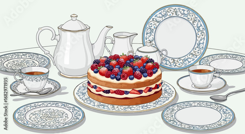 Elegant tea party with fruit cake and porcelain teaware