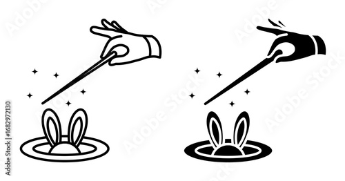 Line icon. Illusionist hand with a magic wand doing a trick with a hare appearing from a hat. Simple black and white vector isolated on white background