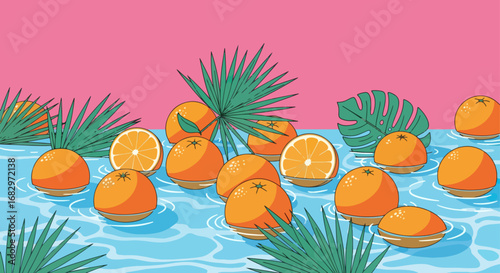 Floating oranges on rippled water with tropical leaves