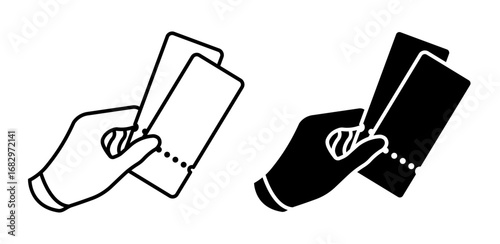 Linear icon. Spectator presents tickets to enter a concert circus performance. Simple black and white vector isolated on white background