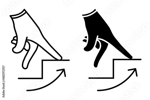 Linear icon. Human hand climbs up a ladder with its fingers walking on steps. Simple black and white vector isolated on white background