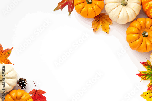 Autumnal border with pumpkins and colorful fall leaves on white background