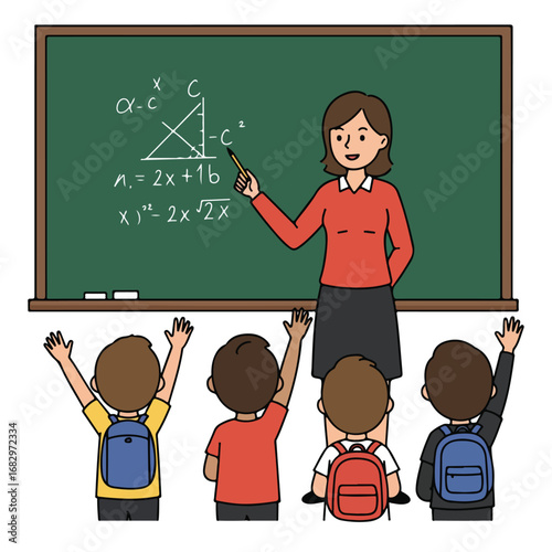 A teacher points to a chalkboard with math equations while four students raise their hands