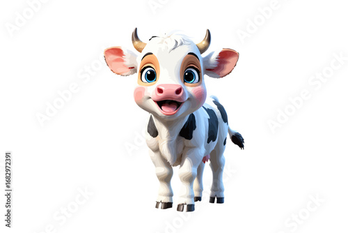 Adorable cartoon calf with big blue eyes and a happy smile standing against a black background