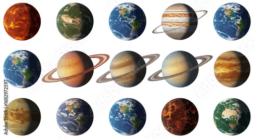 Collection of diverse planets including earth jupiter and saturn against a black background