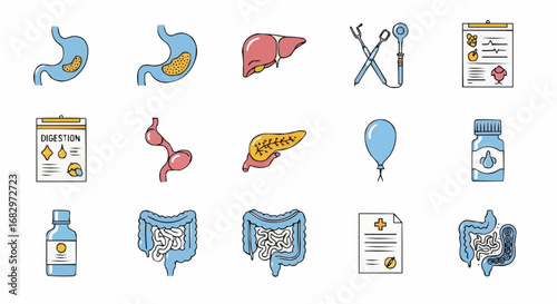 Medical gastroenterology and digestive health icon set, stomach intestines liver colonoscopy tools probiotics digestion charts endoscopy instruments illustration