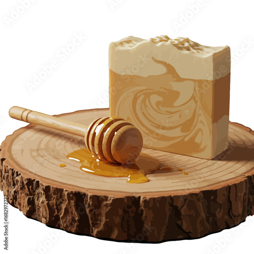 Natural honey soap bar with wooden honey dipper on a wood slice