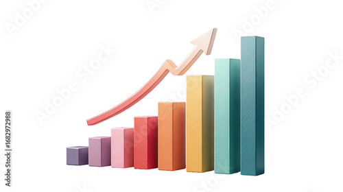 A 3D growth chart with rising bar columns and sweeping upward arrow in cool tones, isolated on transparent background.