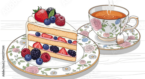 Layered cake with berries and tea illustration