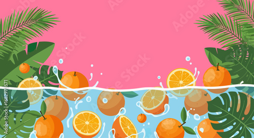 Oranges and orange slices in water with tropical leaves