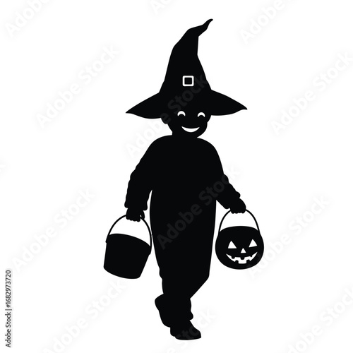 Black silhouette of child trick or treating halloween