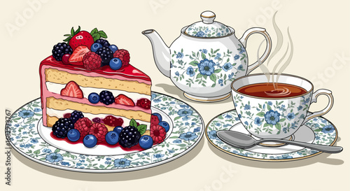 Slice of berry cake with tea set illustration