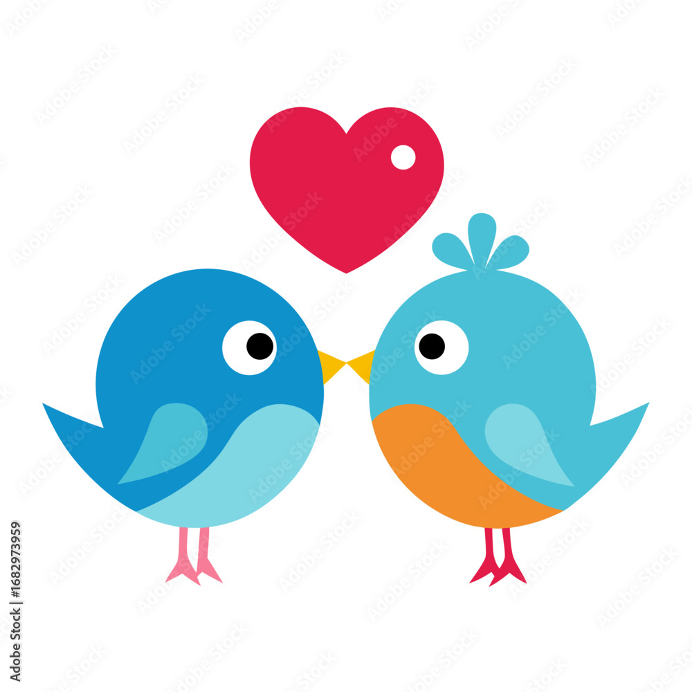 Obraz premium Two cute cartoon birds in love with a heart vector on white background.