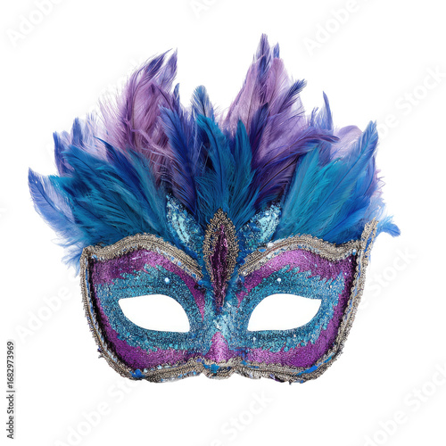 A vibrant masquerade mask, adorned with  feathers and glitter