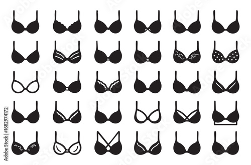 a set of bra icons of various designs and shapes made in black and white with contour details.