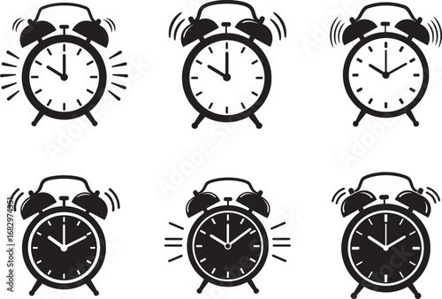 Collection of six vintage style alarm clocks ringing loudly with vibrating motion