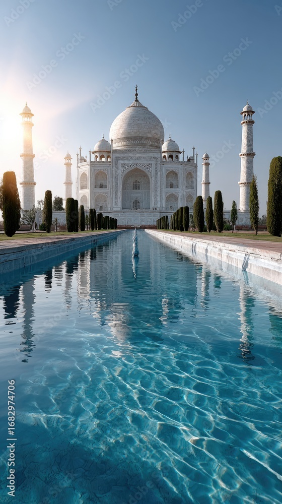 Naklejka premium Mausoleum reflects perfectly on serene waters, framed by verdant lawns and trees under a clear blue sky, creating a tranquil atmosphere.