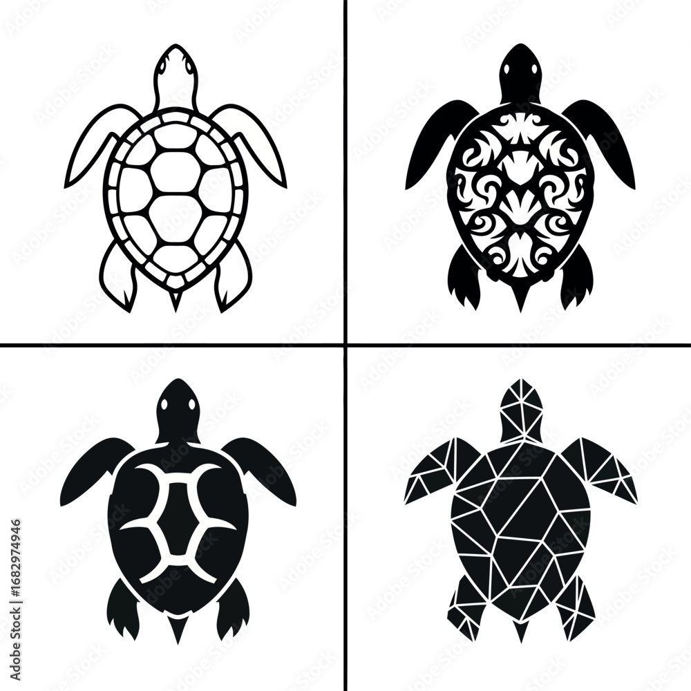 Fototapeta premium Vector illustration of four sea turtle designs in black and white