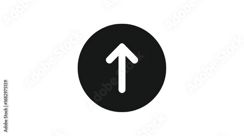 Minimalist white arrow pointing upward inside black circular background, modern icon for financial growth, analytics, and digital interface use
