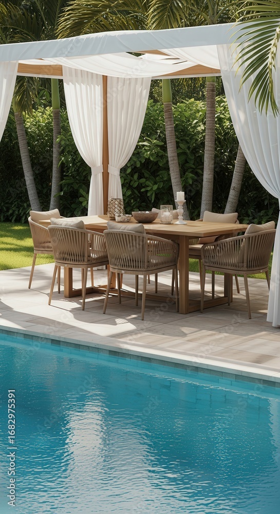 custom made wallpaper toronto digitalOutdoor dining area with canopy and poolside table setup