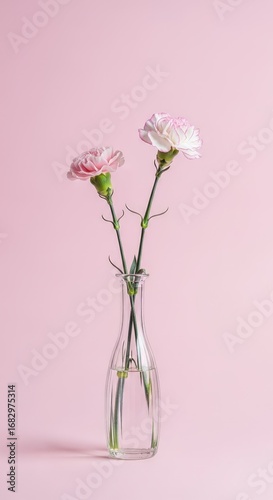 Wallpaper Mural Two pink carnations in clear glass vase isolated on pink background Torontodigital.ca