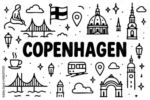 Copenhagen doodle compilation: Little Mermaid, bridges, domes, churches, tram, arch, flag, coffee, and Danish landmarks.