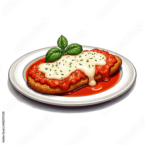 Breaded chicken with marinara sauce and cheese on white plate  