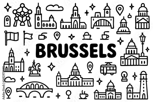Brussels doodle compilation: Atomium, Grand Place buildings, palaces, churches, bridges, statue, tram, coffee, and flags.