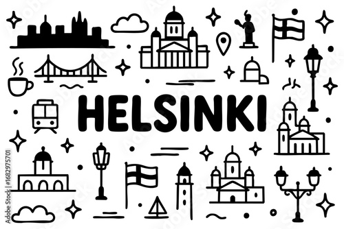 Helsinki doodle compilation: Helsinki Cathedral, domes, bridges, tram, lighthouse, statue, coffee, flags, and Finnish landmarks.