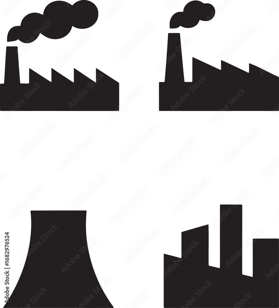Obraz premium Set of Industrial Factory Silhouette Icons – Black Vector Buildings with Smoke Stacks
