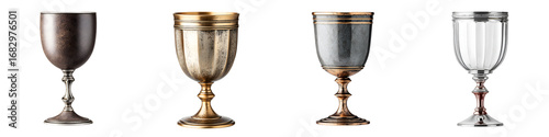 Elegant antique goblets in various metals and styles, showcasing intricate designs, vintage aesthetics, and unique textures suitable for decor and table settings.