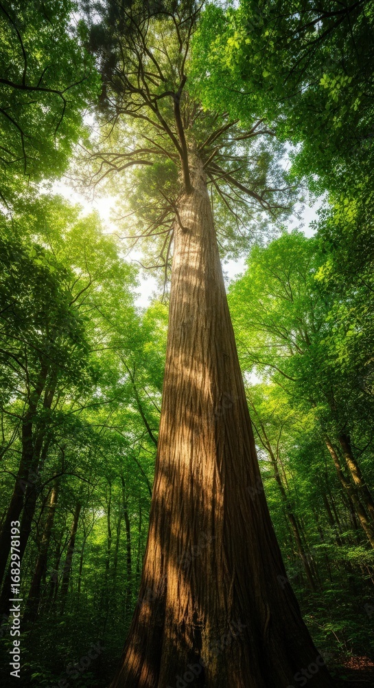 Fototapeta premium Majestic tall tree with sunlight filtering through dense forest canopy