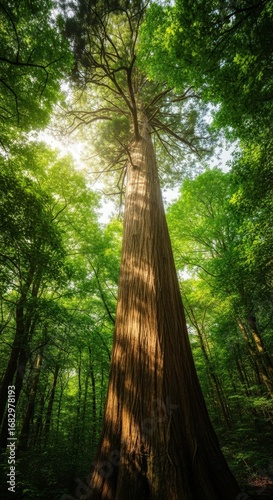 Wallpaper Mural Majestic tall tree with sunlight filtering through dense forest canopy Torontodigital.ca