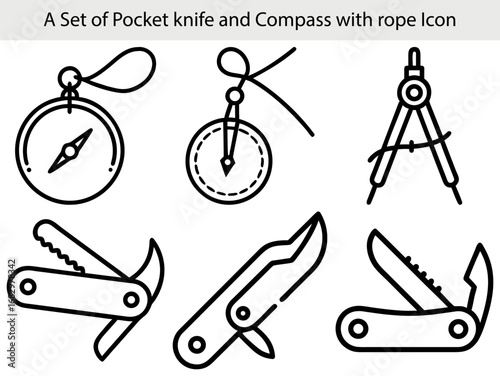 Compass pocket knife drawing navigational tools icon